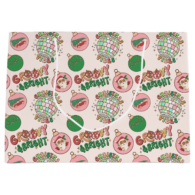 Sacola Para Presentes Grande Groovy and Bright Pink and Green Retro Holiday (Frente)
