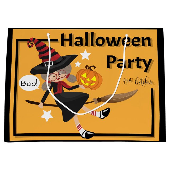 Sacola Para Presentes Grande Halloween (Illustration of a Halloween Party bag, featuring a cartoon witch riding a broomstick.)