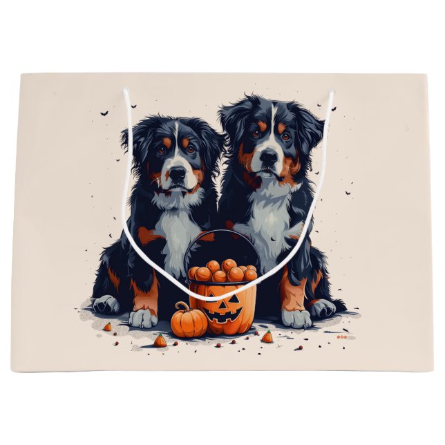 Sacola Para Presentes Grande Halloween Bernese Mountain Dogs Pumpkin (Frente)