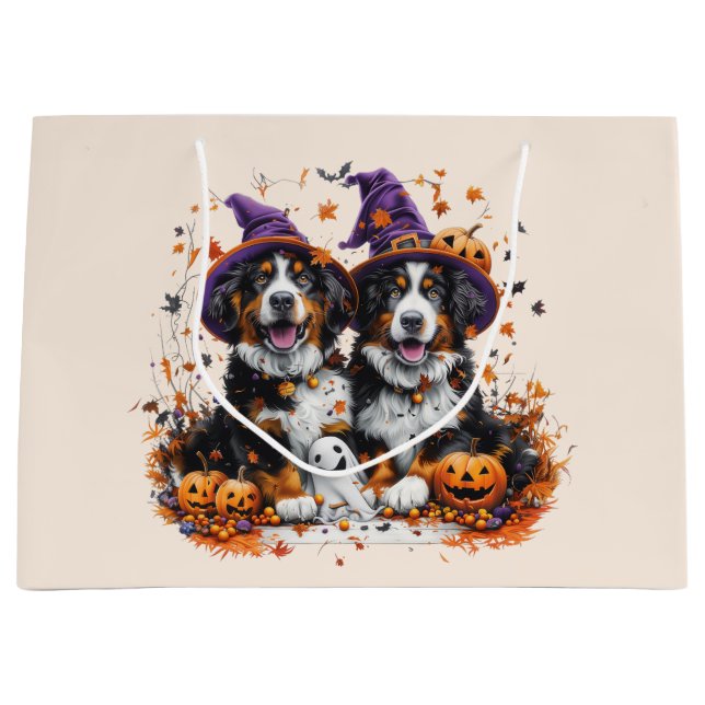 Sacola Para Presentes Grande Halloween Bernese Mountain Dogs Witch Ghost (Frente)