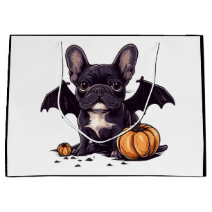 Sacola Para Presentes Grande Halloween French Buldogue Wings Pumpkins