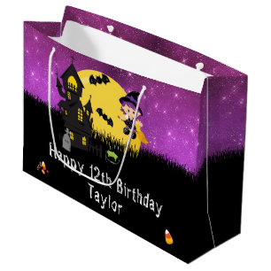 Sacola Para Presentes Grande Halloween Happy Birthday Bruxa Brilhante Roxo