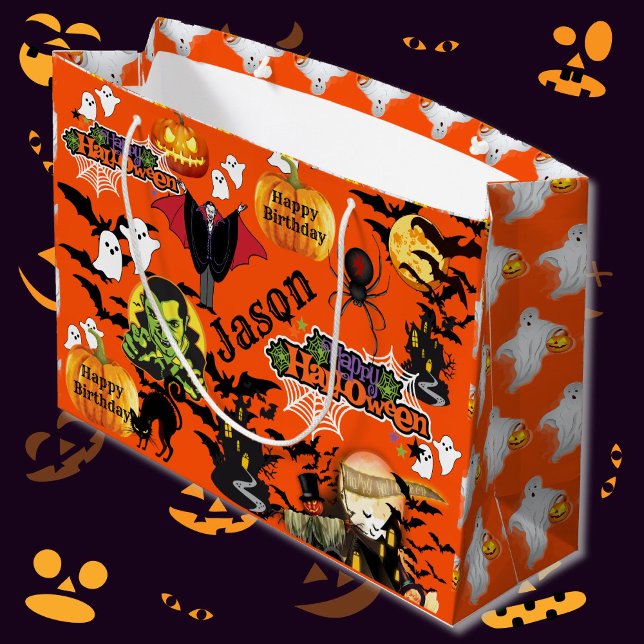 Sacola Para Presentes Grande Halloween Tudo Feliz Aniversário NOME Fantasmas (Criador carregado)