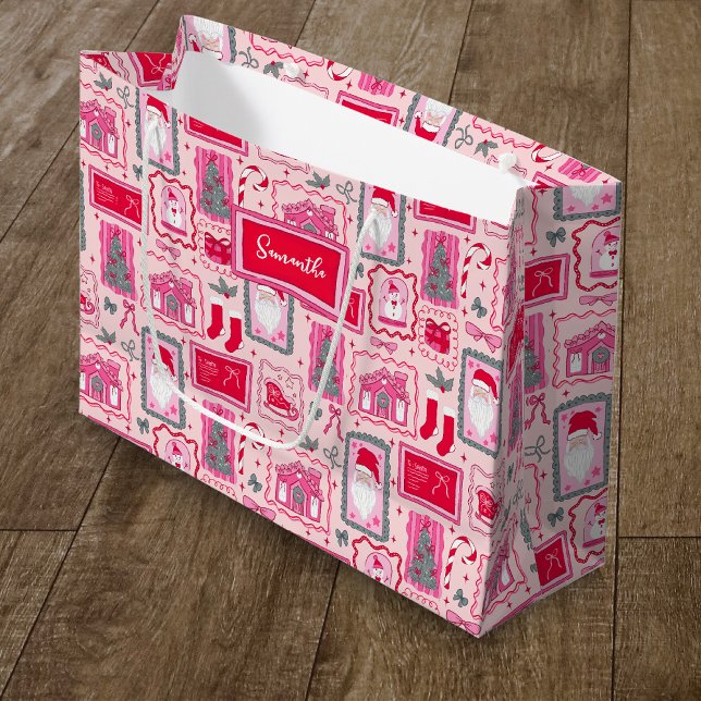 Sacola Para Presentes Grande Hand Drawn coquette doodle pink christmas (Criador carregado)