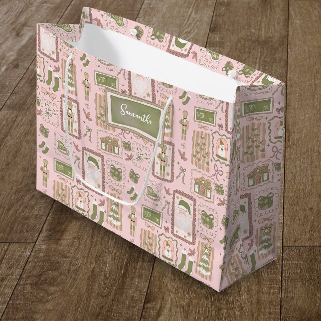 Sacola Para Presentes Grande Hand Drawn green peach christmas custom name (Criador carregado)