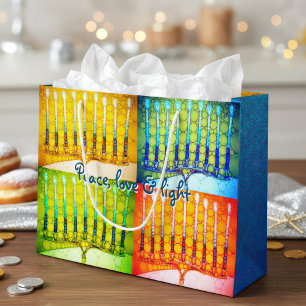 Sacola Para Presentes Grande Hanukkah 4 Menorahs Coloridos Luz do Amor pela Paz