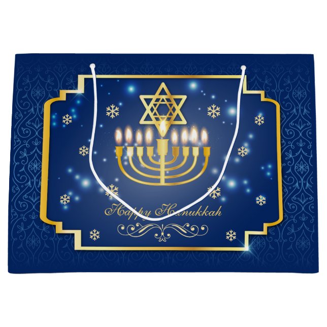 Sacola Para Presentes Grande Hanukkah, decorativo do Ouro e azul (Frente)