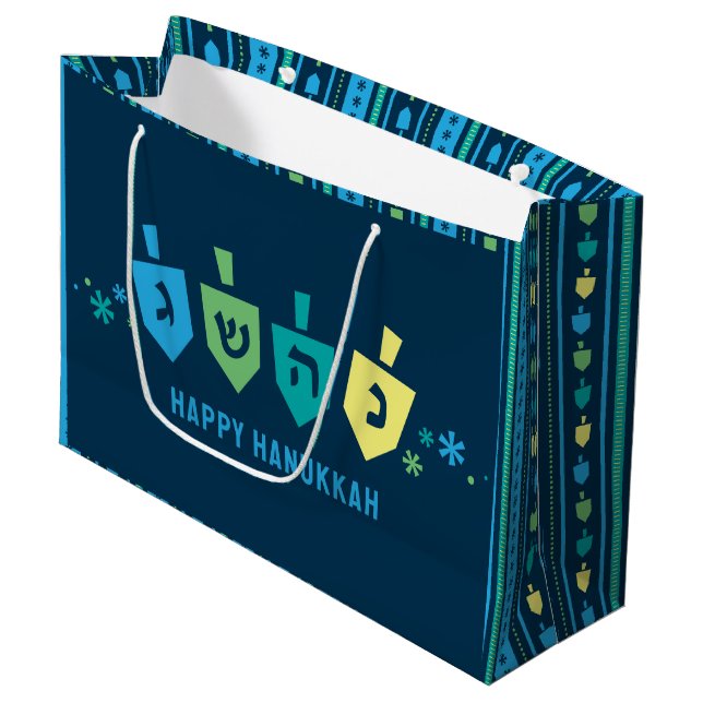 Sacola Para Presentes Grande Hanukkah Dreidel Party Gift Bag (Frente inclinada)