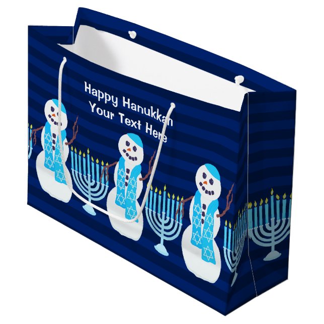 Sacola Para Presentes Grande Hanukkah Jewish Snowman Blue Menorah Para Crianças (Frente inclinada)