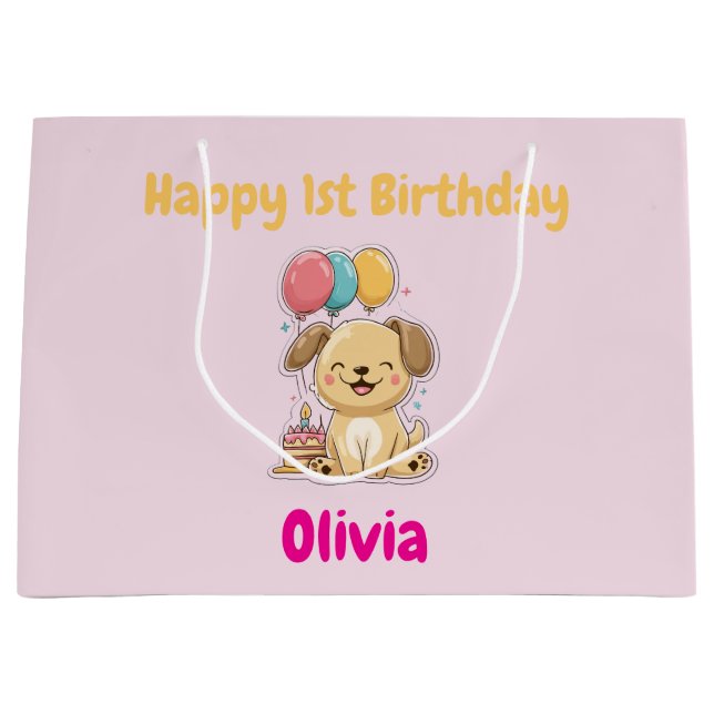 Sacola Para Presentes Grande Happy 1st Birthday Gift Wrap, Custom Puppy  (Frente)