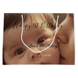 Sacola Para Presentes Grande Happy 1st birthday name photo date stylish calligr