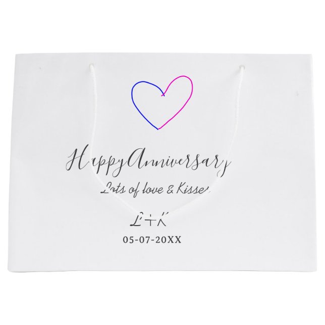 Sacola Para Presentes Grande Happy anniversary pink blue heart name date simple (Frente)