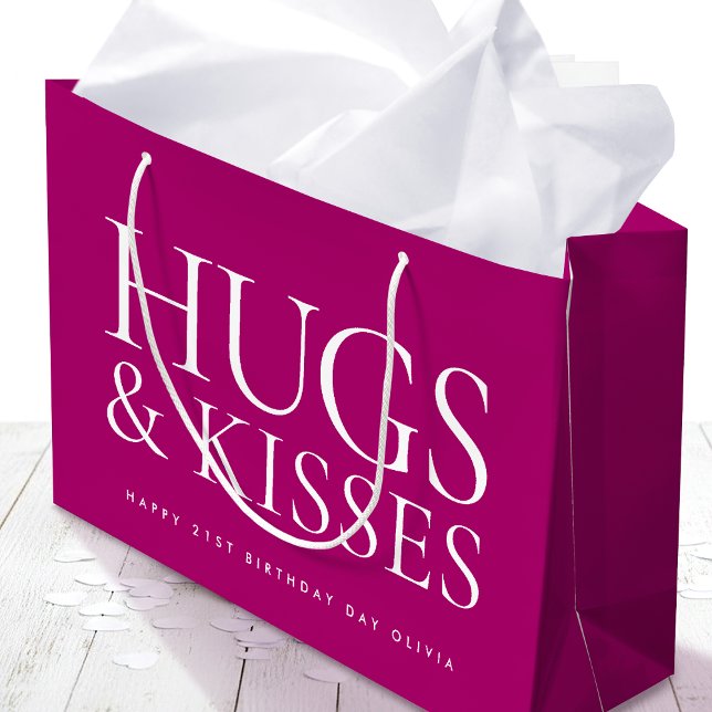 Sacola Para Presentes Grande Happy Birthday Day Any Age Hugs & Kisses Pink (Criador carregado)