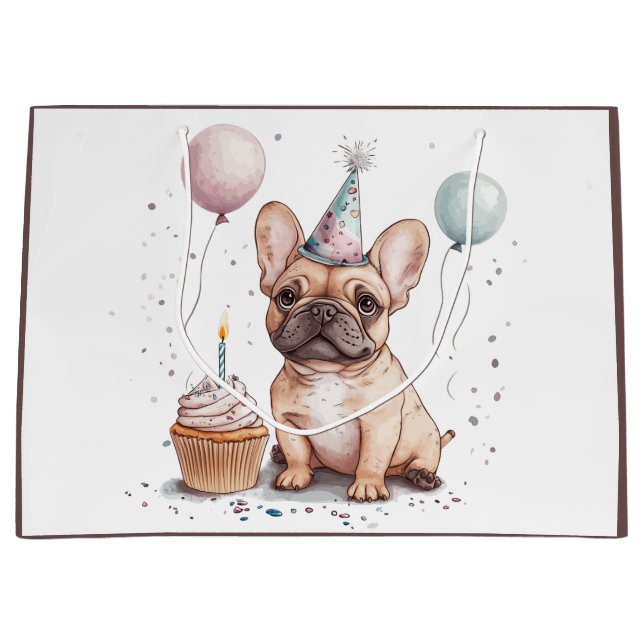 Sacola Para Presentes Grande Happy Birthday French Bulldog (Frente)