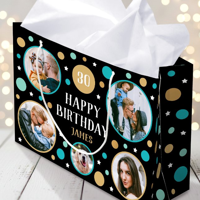 Sacola Para Presentes Grande Happy Birthday Photo Collage Any Age 30th Teal (Criador carregado)