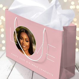 Sacola Para Presentes Grande Happy Birthday Photo Love Typography Blush Pink