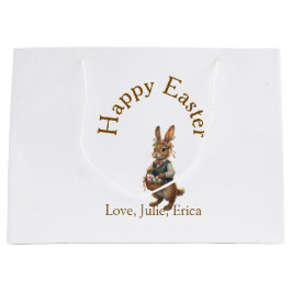 Sacola Para Presentes Grande Happy Easter brown bunny with eggs love add name 