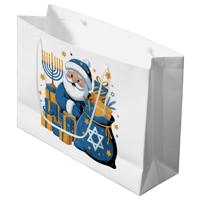 Sacola Para Presentes Grande Happy Hanukkah Santa  (Frente inclinada)