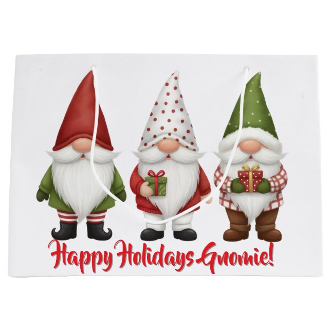 Sacola Para Presentes Grande Happy Holidays Gnomie (Frente)