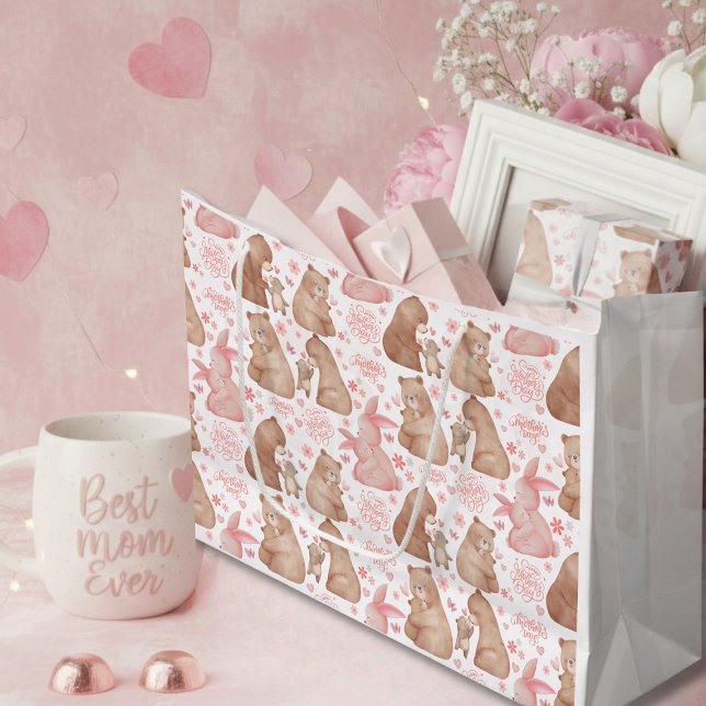 Sacola Para Presentes Grande Happy Mother’s Day Cute Bear & Bunny (Criador carregado)