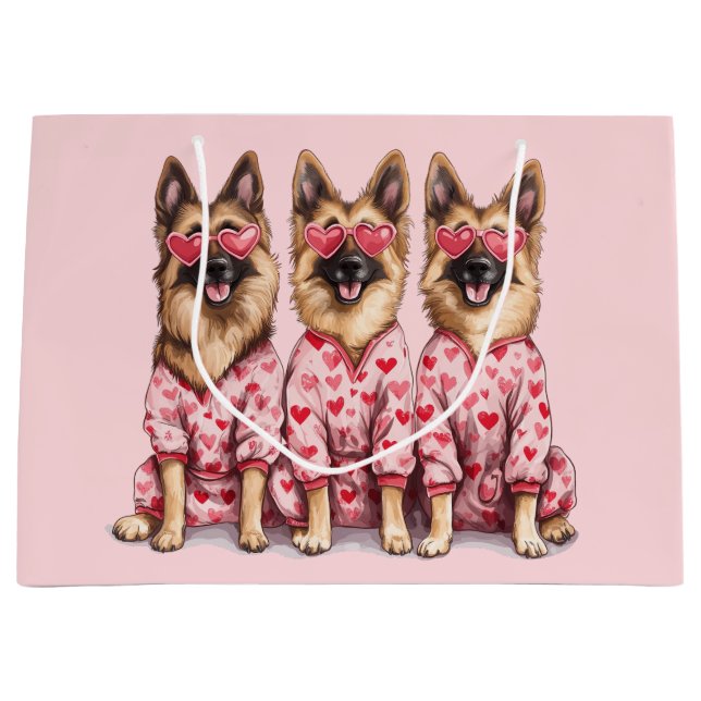 Sacola Para Presentes Grande Happy Valentines Day German Shepherd Dogs (Frente)