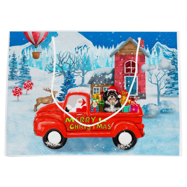 Sacola Para Presentes Grande Havanês Dog Christmas Delivery Truck Snow (Frente)