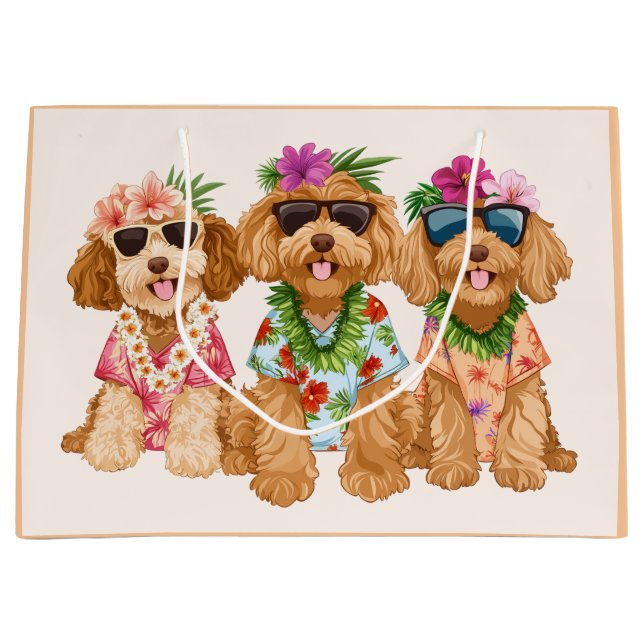 Sacola Para Presentes Grande Hawaiian Goldendoodle Dogs Flower Lei (Frente)