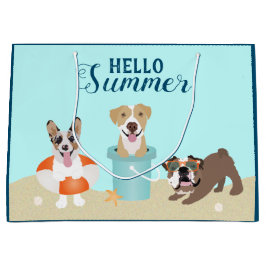 Sacola Para Presentes Grande Hello Summer Beach Dogs Blue