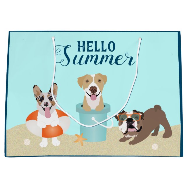 Sacola Para Presentes Grande Hello Summer Beach Dogs Blue (Frente)