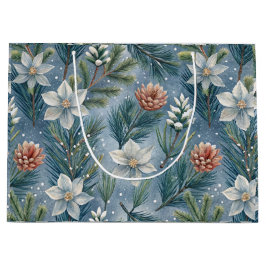 Sacola Para Presentes Grande Hello Winter Pines & Flowers