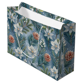Sacola Para Presentes Grande Hello Winter Pines & Flowers