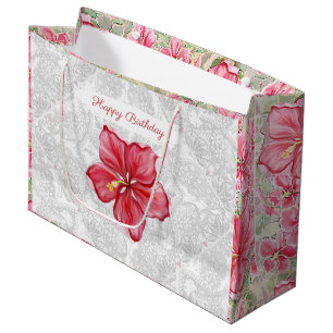 Sacola Para Presentes Grande Hibiscus e rendas RED