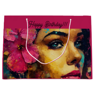 Sacola Para Presentes Grande Hibiscus rosa-negrito e Retrato Abstrato feminino