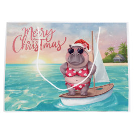 Sacola Para Presentes Grande Hipopótamo de Bikini de Natal a navegar em onda gr