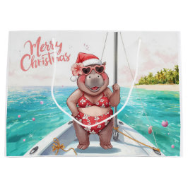 Sacola Para Presentes Grande Hipopótamo de Cabanas de Natal em Biquíni na Onda