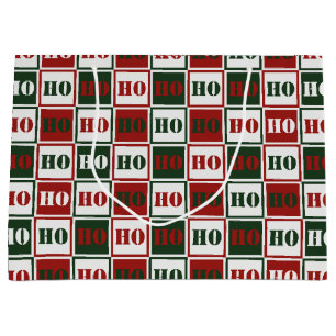 Sacola Para Presentes Grande HO HO HO Vermelho, Verde e Branco Quadrado