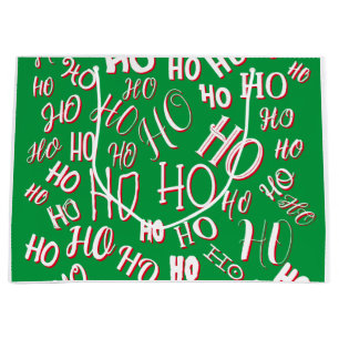 Sacola Para Presentes Grande HO HO Padrão de texto de Natal branco verde