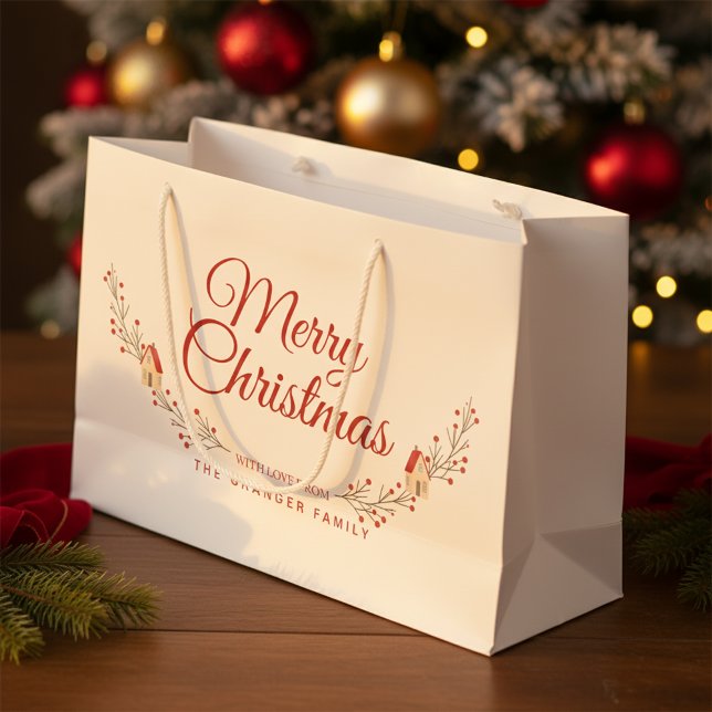 Sacola Para Presentes Grande Holiday Berry Branch Merry Christmas Custom  (modern christmas gift bag)