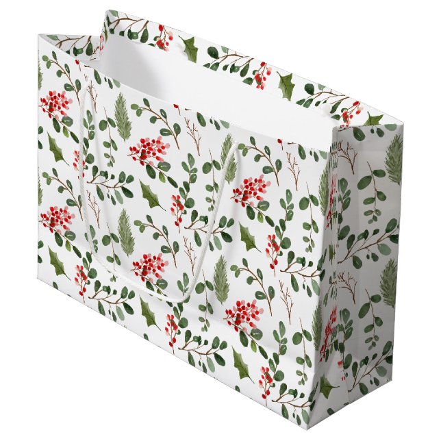 Sacola Para Presentes Grande Holiday Christmas Holly Leaves Berry Pattern (Frente inclinada)