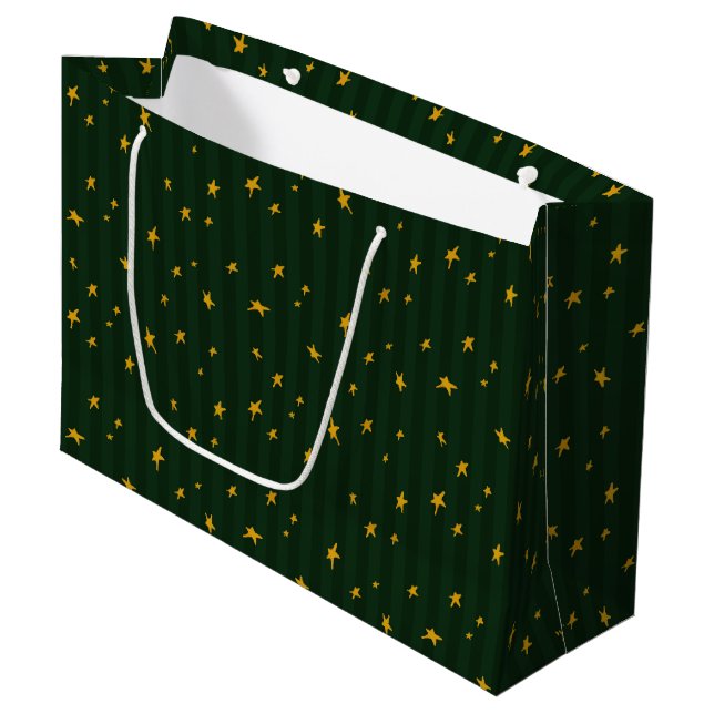 Sacola Para Presentes Grande Holiday Green Yellow Star Stripe Christmas (Frente inclinada)