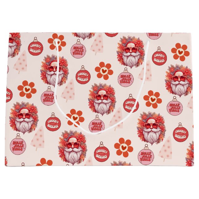 Sacola Para Presentes Grande Holly Jolly Santa Vibes Pink Retro Holiday (Frente)