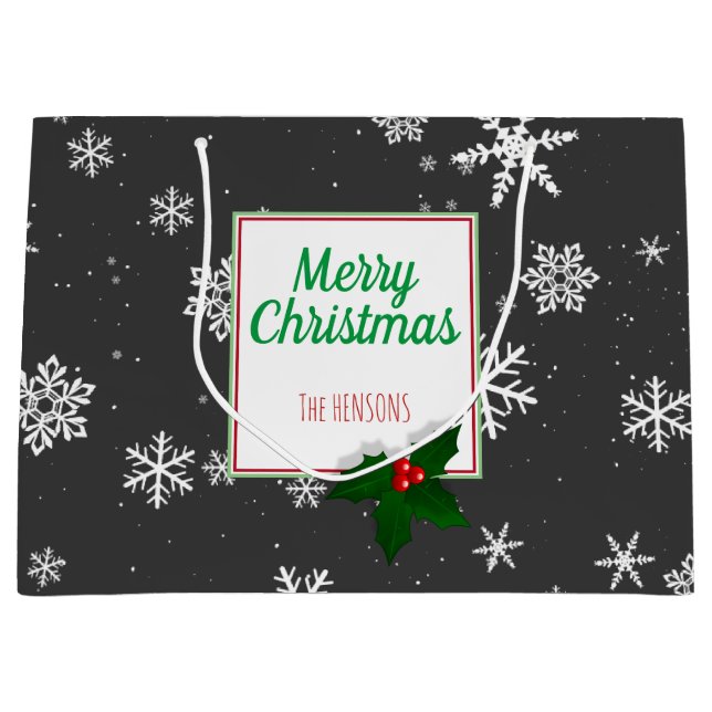 Sacola Para Presentes Grande Holly Tree Berry Cinza Flocos de Neve Natal Person (Frente)