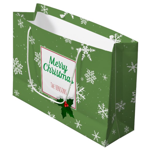 Sacola Para Presentes Grande Holly Tree Berry Green Snowflakes Natal Personaliz (Frente inclinada)