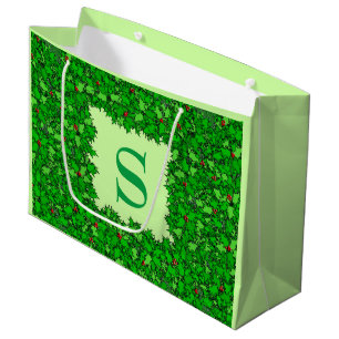 Sacola Para Presentes Grande Holly Wreath com Monograma, Verde Escuro