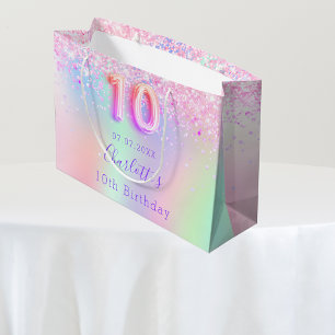 Sacola Para Presentes Grande Holográfico roxo cor-de-rosa, 10º aniversário