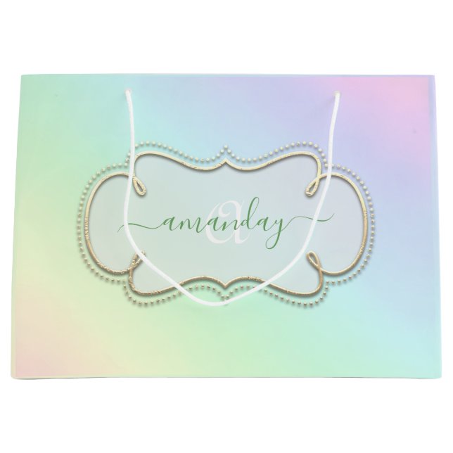 Sacola Para Presentes Grande Hológrafo Frame Real Monograma Pastel Rosa (Frente)