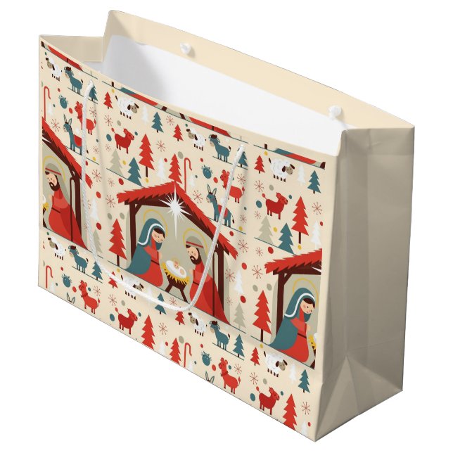Sacola Para Presentes Grande Holy Night Nativity Christmas Gift Bag (Frente inclinada)