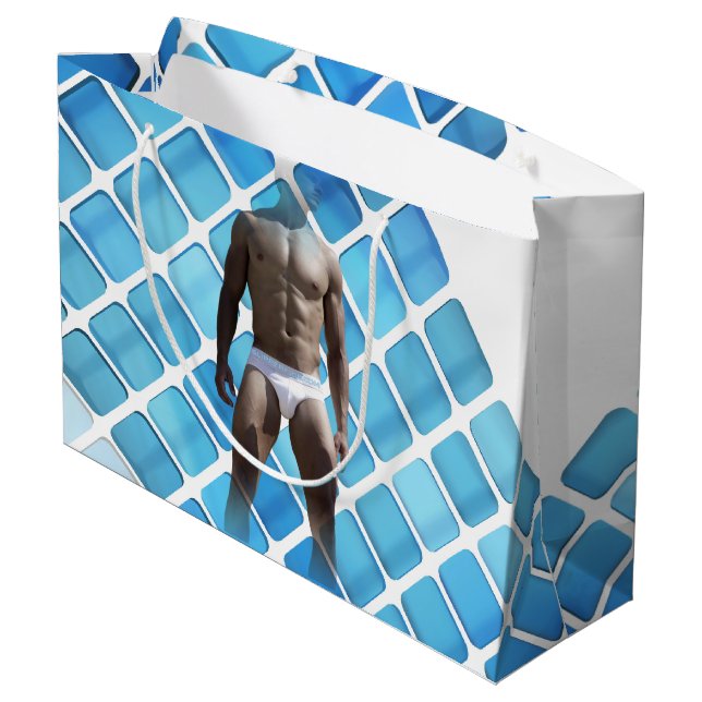 Sacola Para Presentes Grande Homem muscular SlipperyJoe, seis abdominais, branc (Verso inclinado)