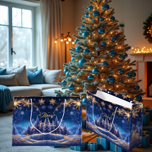 Sacola Para Presentes Grande Hora mágica de Natal - flocos de neve ouro,