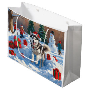 Sacola Para Presentes Grande Husky Siberiano Correndo na Neve com Chapéu de Nat